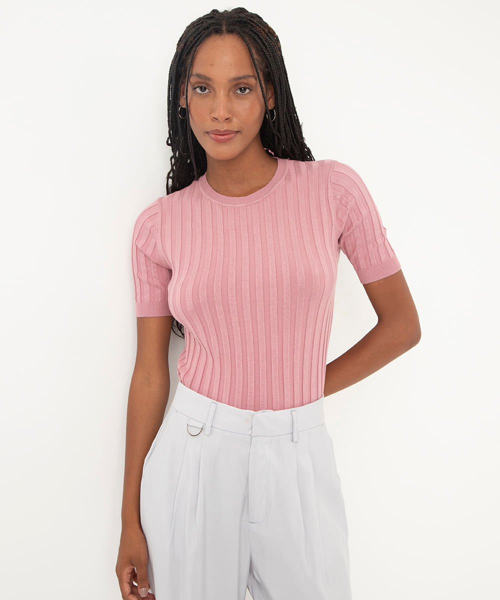 blusa de tricot canelada manga curta - rosa claro