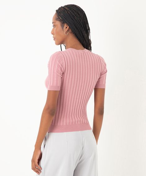blusa de tricot canelada manga curta - rosa claro
