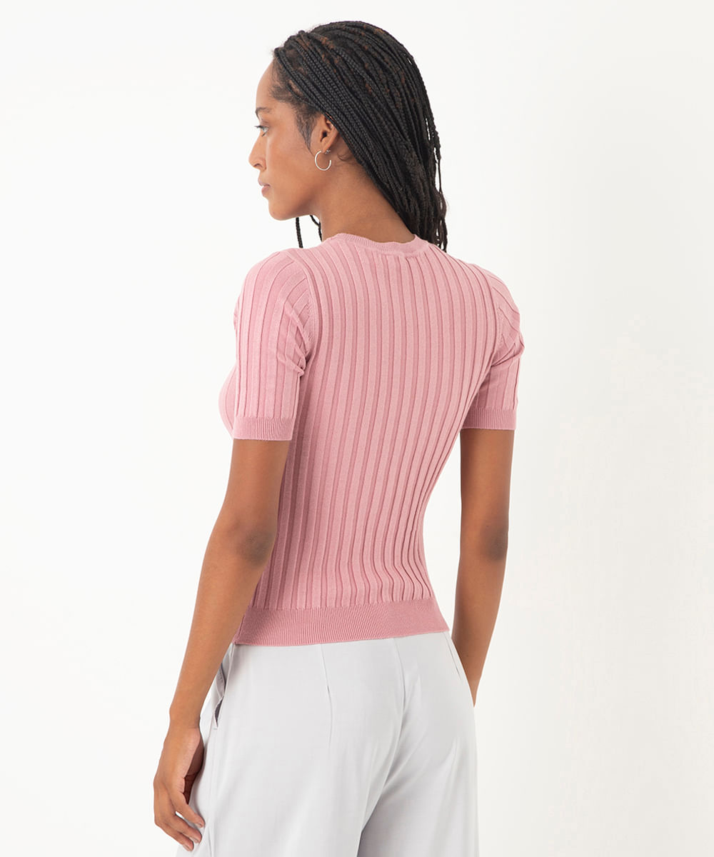 blusa de tricot canelada manga curta - rosa claro