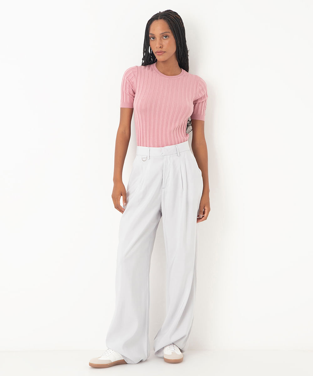 blusa de tricot canelada manga curta - rosa claro