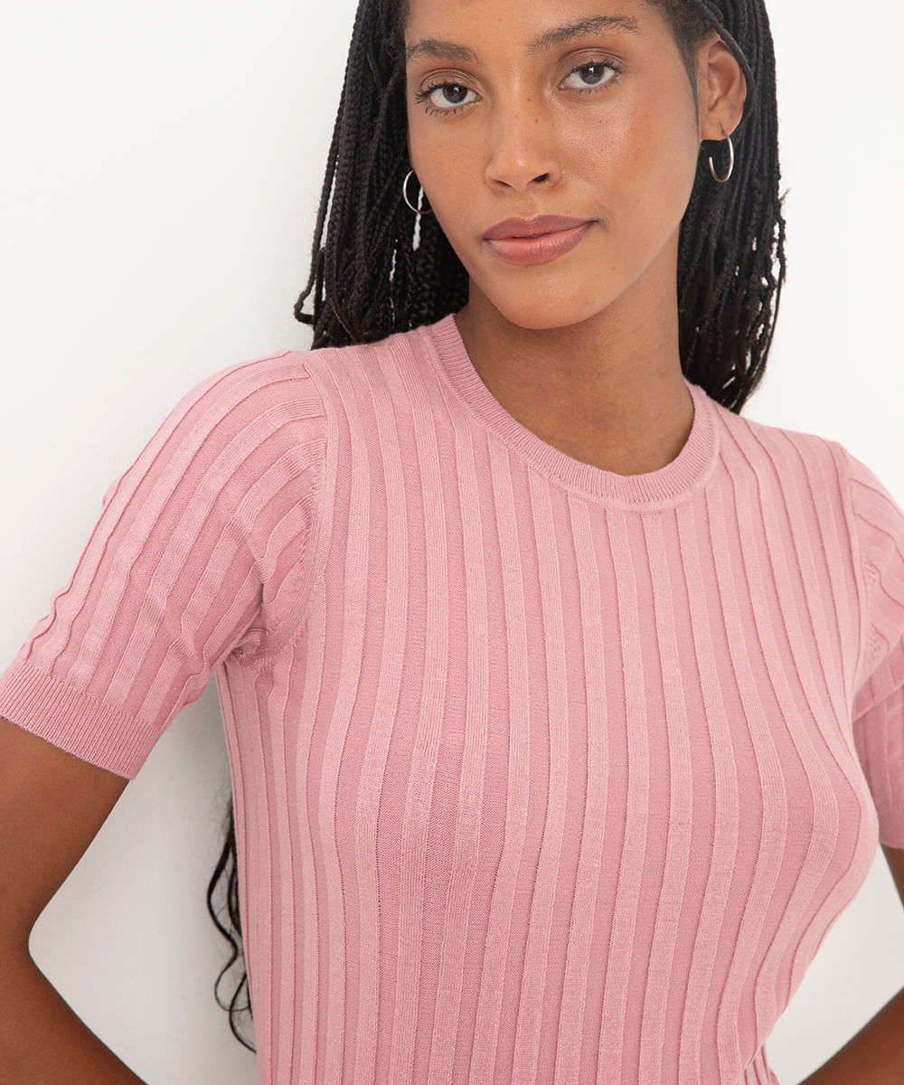 blusa de tricot canelada manga curta - rosa claro