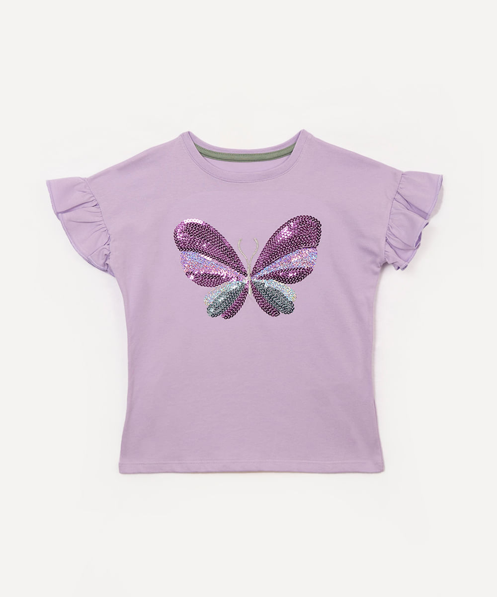 blusa infantil borboleta de paetê lilás