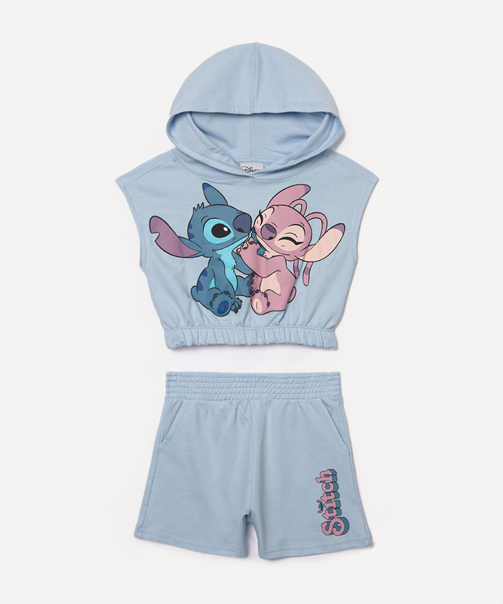 conjunto de moletom infantil stitch e angel com capuz azul