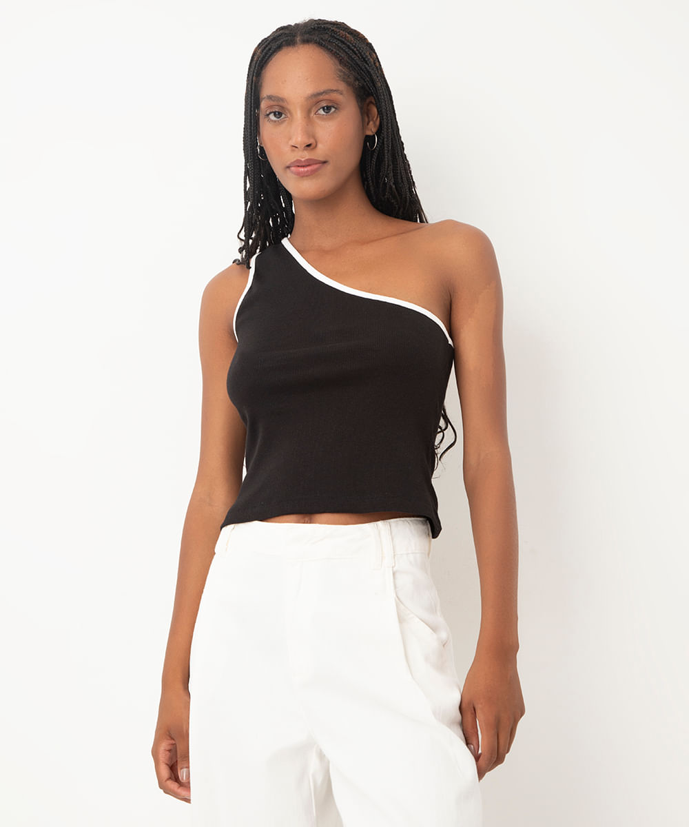 blusa de algodão ombro único - preto