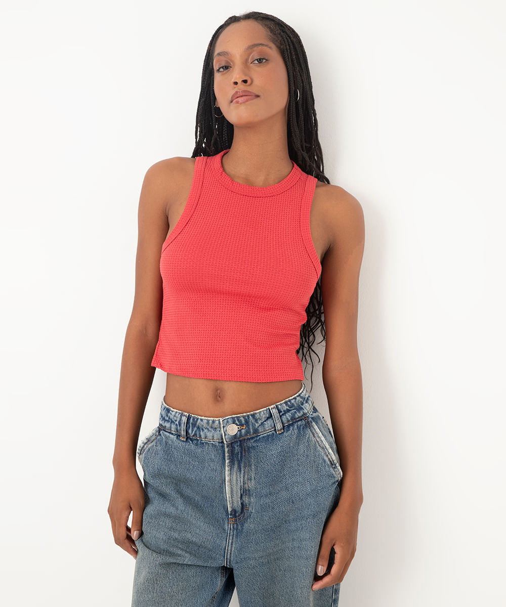 blusa cropped gola careca texturizada vermelho