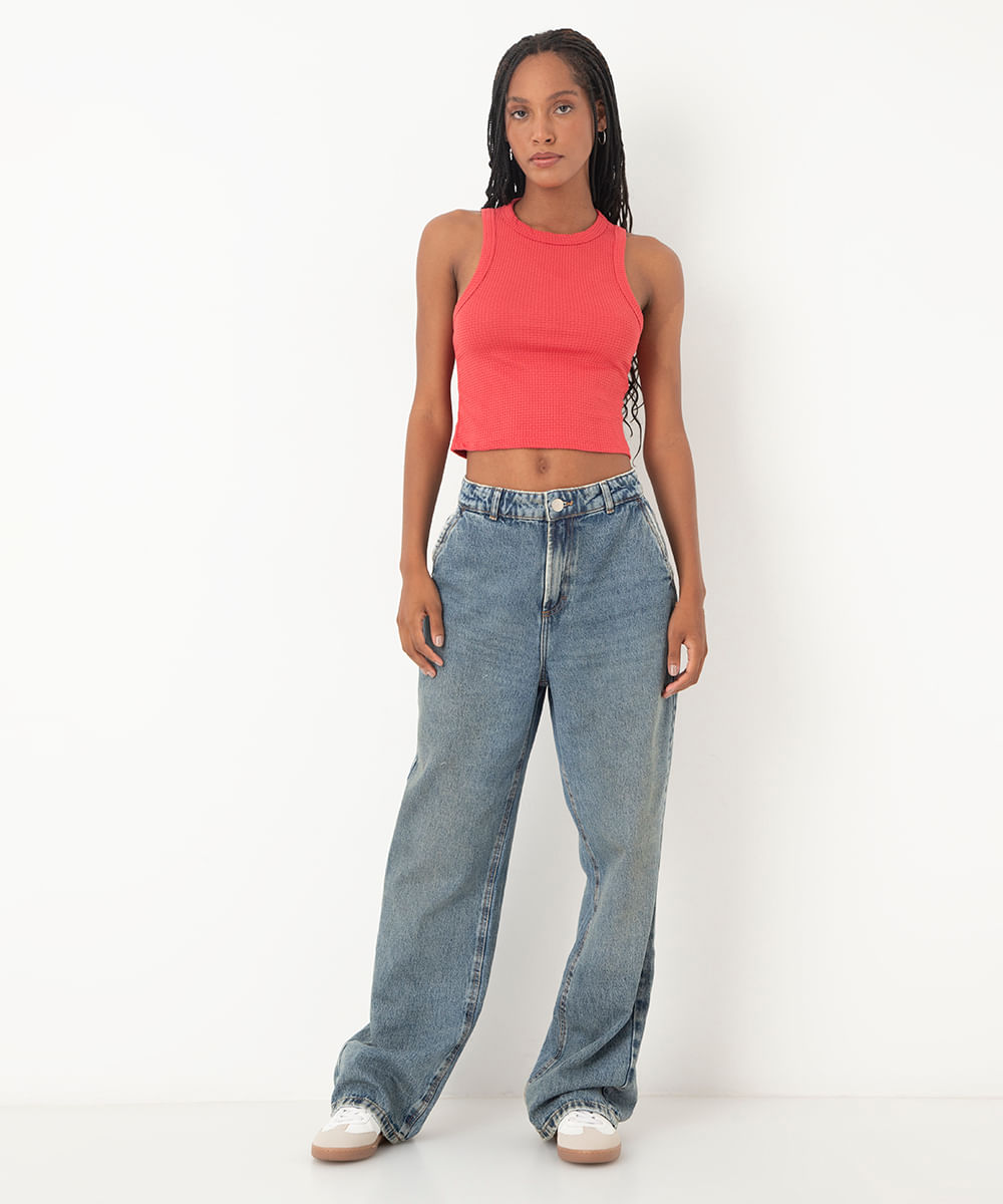 blusa cropped gola careca texturizada vermelho