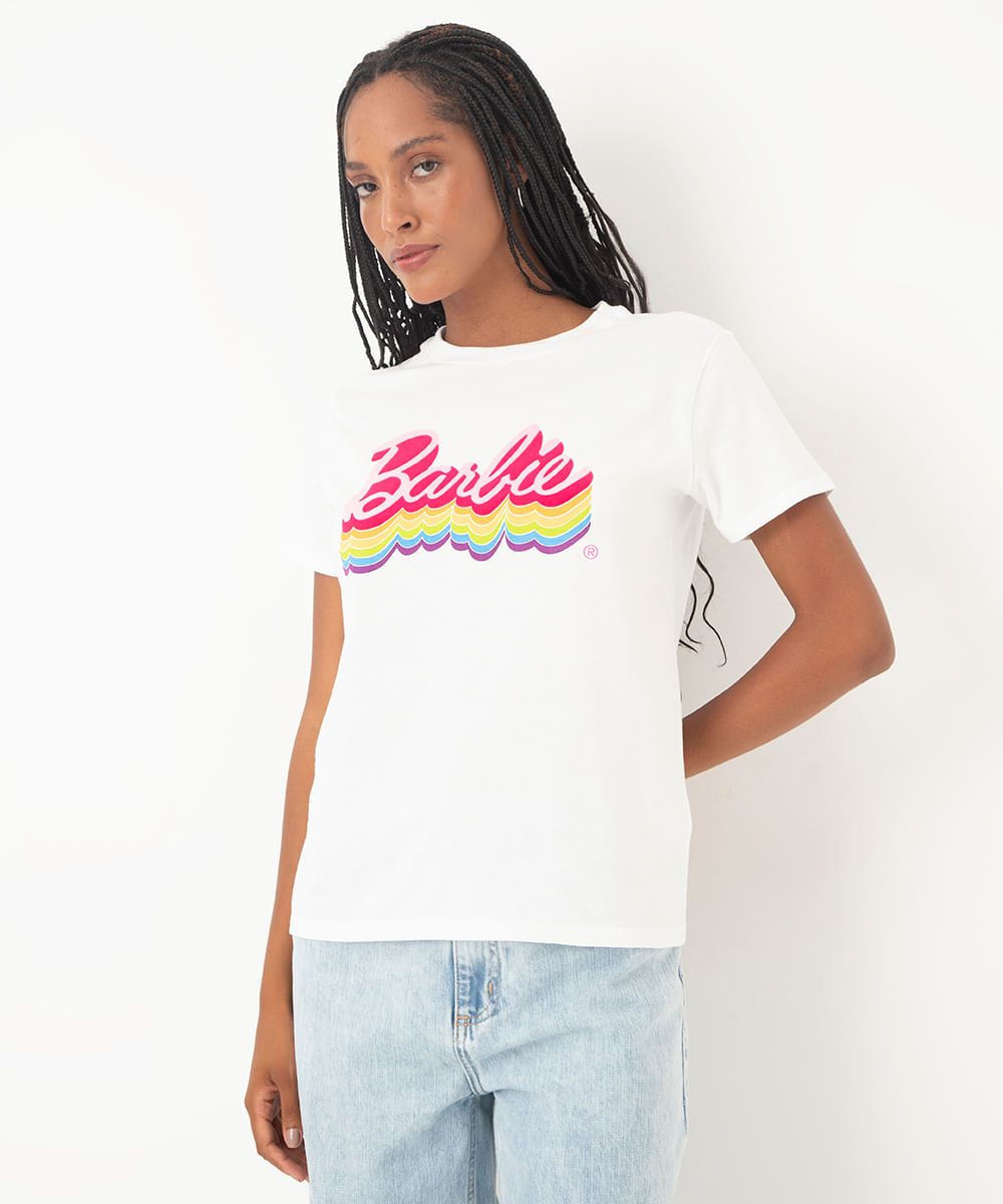 camiseta de algodão barbie flocada off white