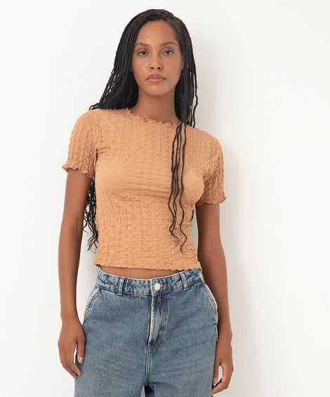 blusa manga curta texturizada - caramelo