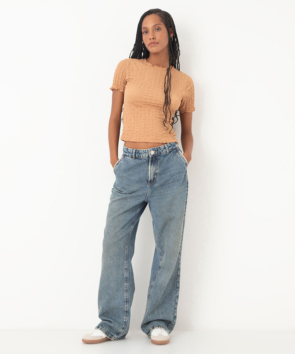 blusa manga curta texturizada - caramelo
