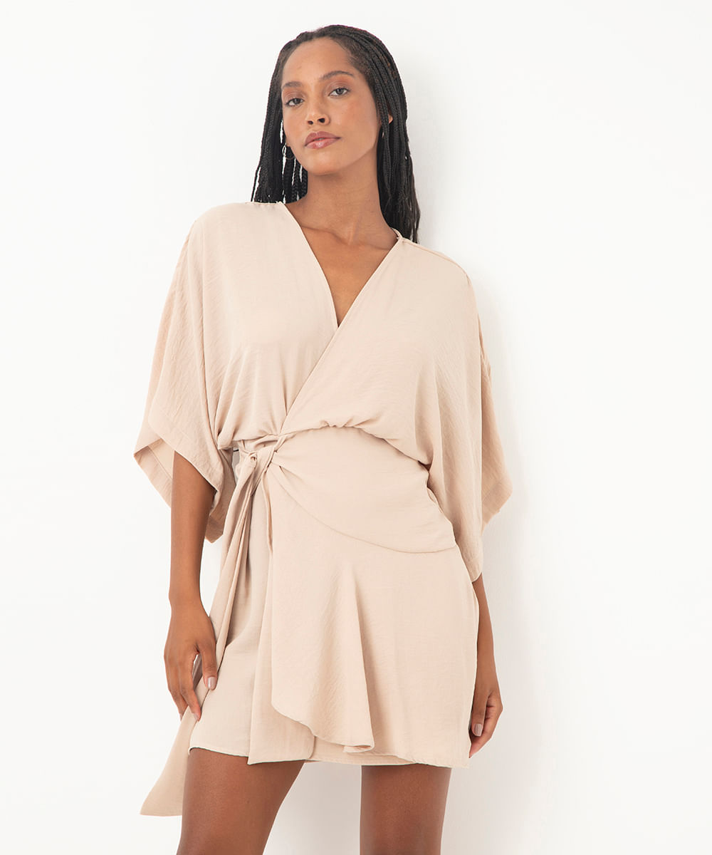 vestido transpassado curto bege