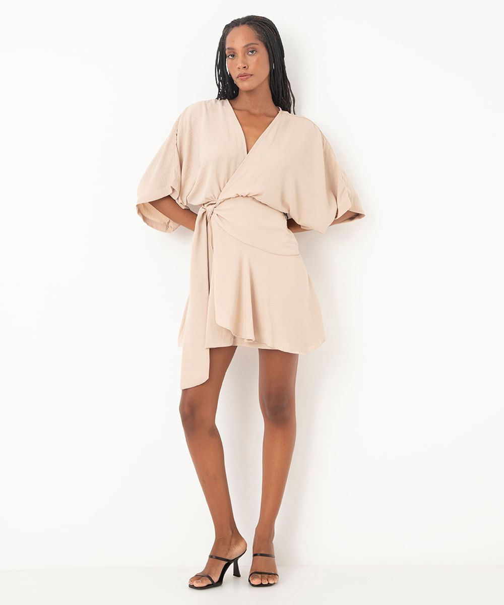 vestido transpassado curto bege