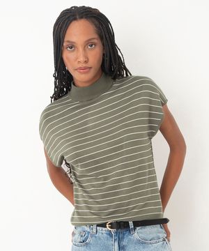 blusa de tricot muscle tee gola alta listrada verde