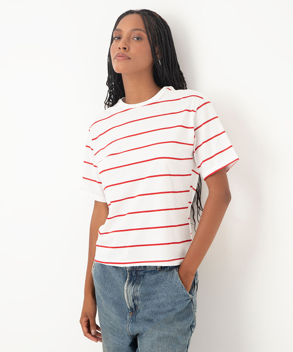 blusa manga curta decote careca listrada off white