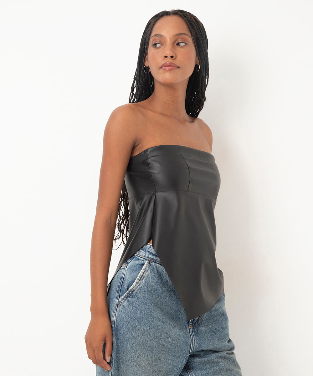 blusa assimétrica de poliuretano sem alça preto