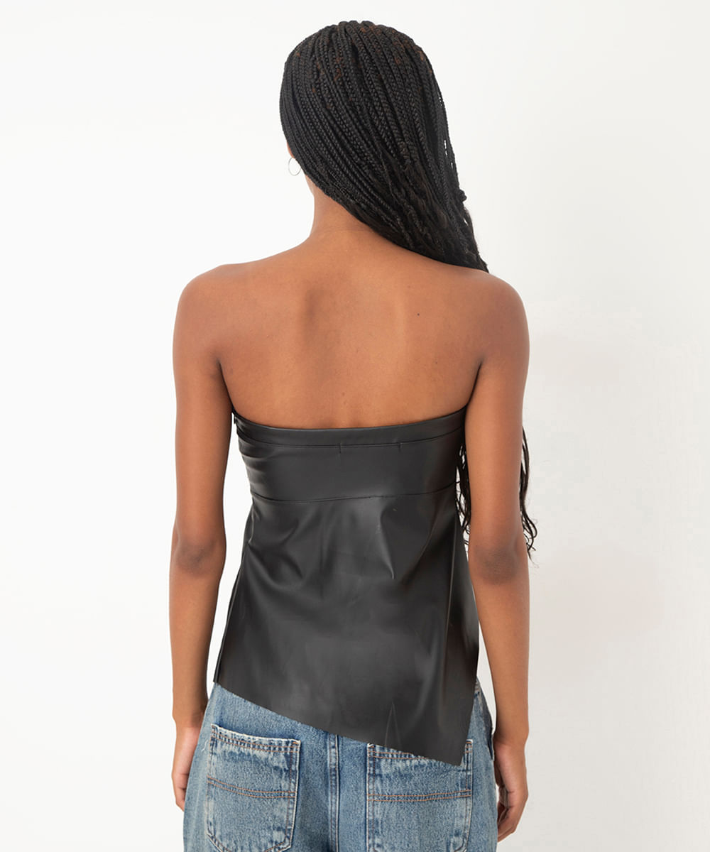 blusa assimétrica de poliuretano sem alça preto