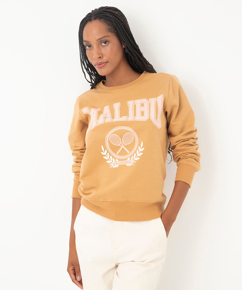 blusão de moletom malibu flocado marrom