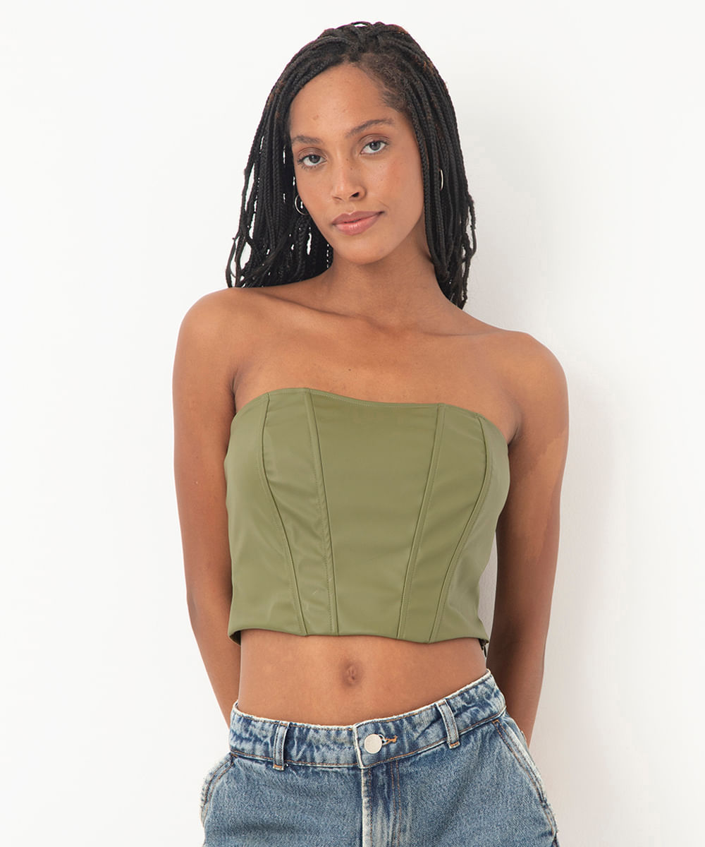 cropped corset de poliuretano verde