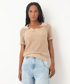 blusa de tricot polo manga curta bege