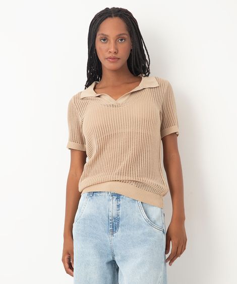blusa de tricot polo manga curta bege