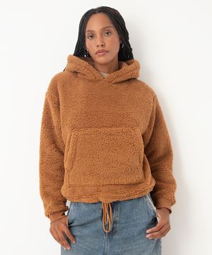 blusão sherpa com capuz e bolso marrom