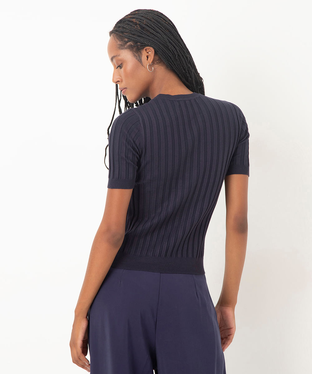 blusa de tricot canelada manga curta - azul marinho