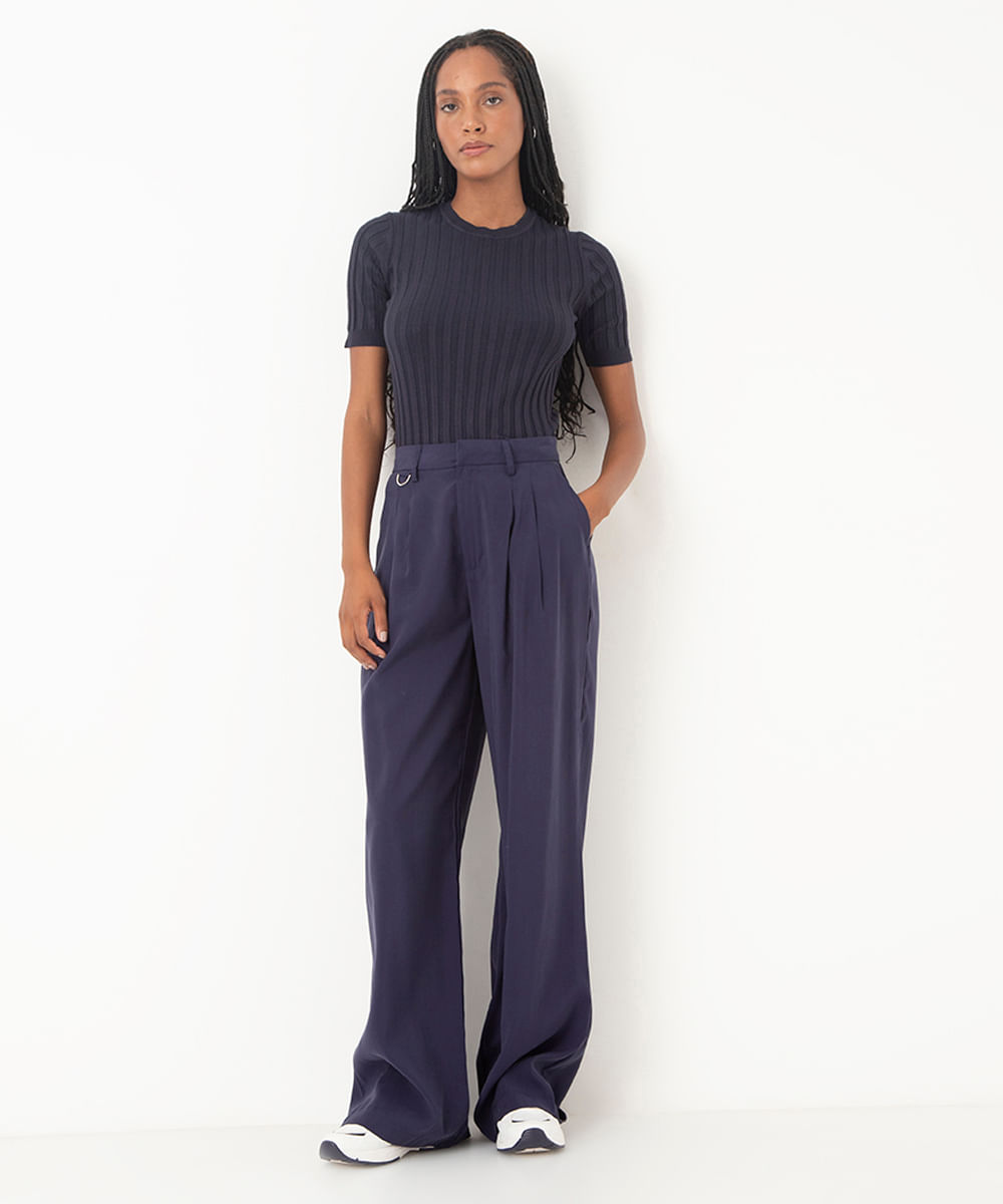 blusa de tricot canelada manga curta - azul marinho