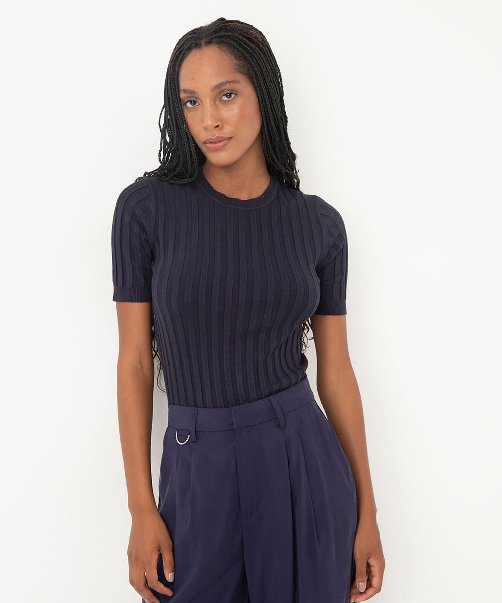 blusa de tricot canelada manga curta - azul marinho