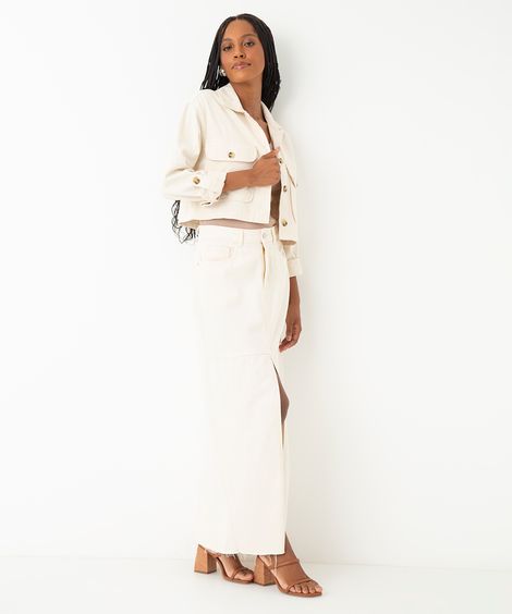 saia de sarja midi cintura super alta fenda off white
