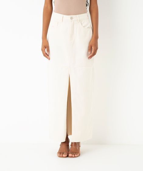 saia de sarja midi cintura super alta fenda off white