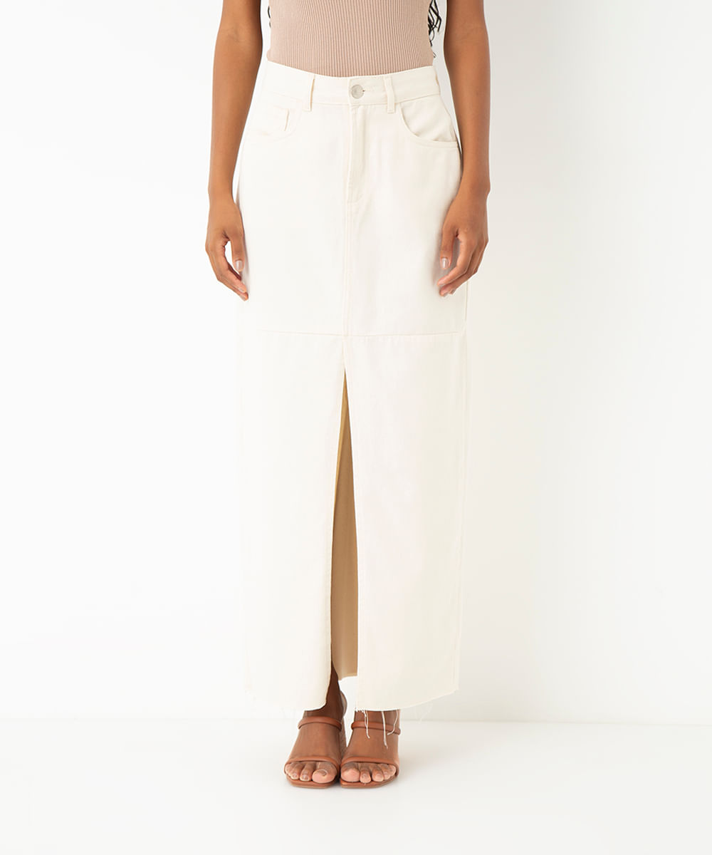 saia de sarja midi cintura super alta fenda off white