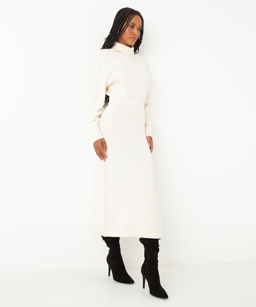 vestido de tricot midi gola alta off white