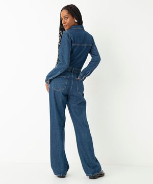 macacão jeans manga longa bolsos frontais azul escuro