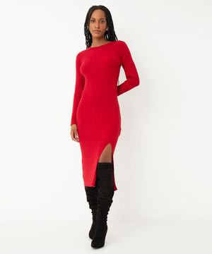 vestido de tricot midi manga longa vermelho