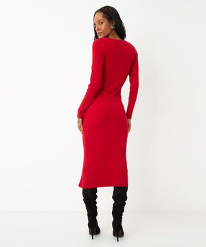 vestido de tricot midi manga longa vermelho
