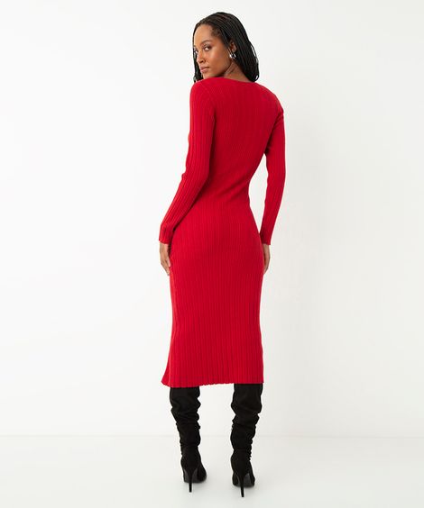 vestido de tricot midi manga longa vermelho
