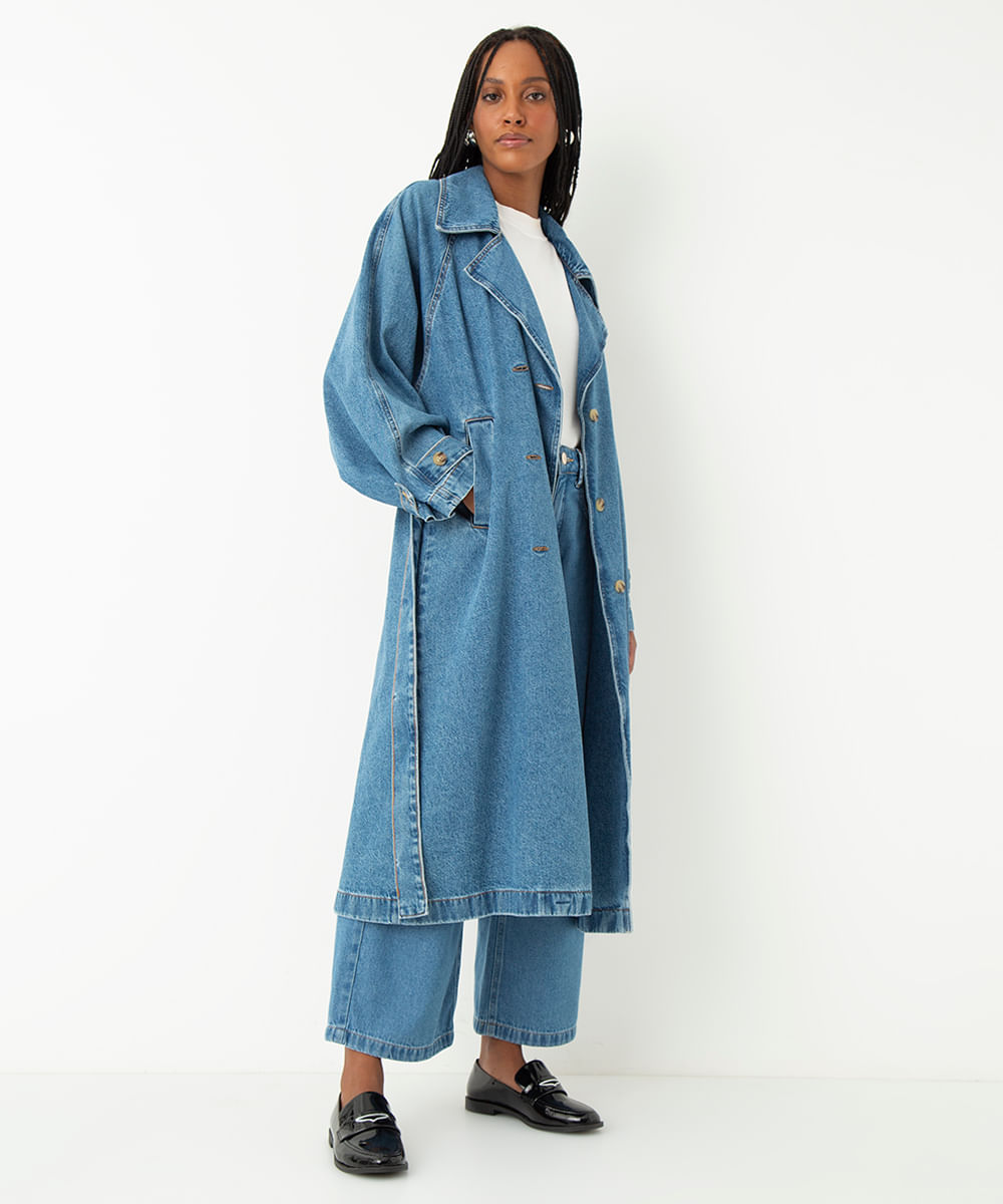 casaco trench coat jeans azul