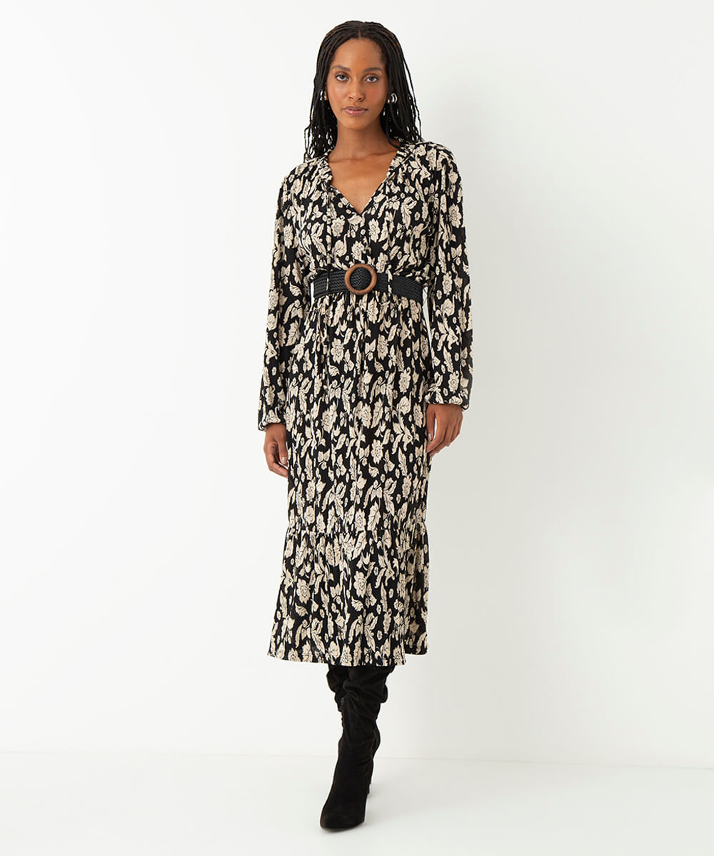 vestido midi floral com cinto preto