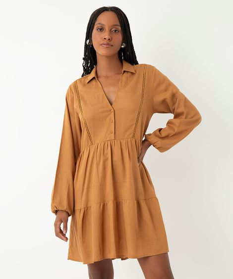 vestido com linho curto manga longa - marrom