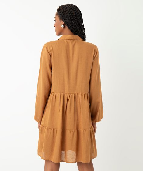vestido com linho curto manga longa - marrom