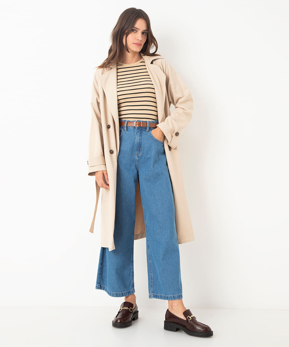 calça jeans wide leg cropped cintura super alta com cinto azul