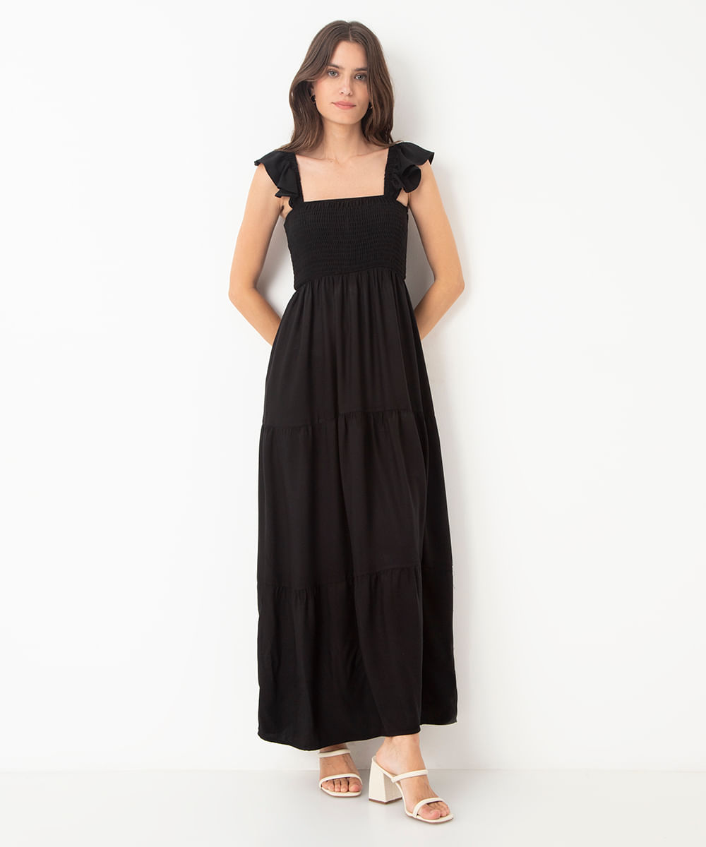vestido midi de viscose com babado preto