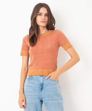 blusa de tricot manga curta chevron laranja