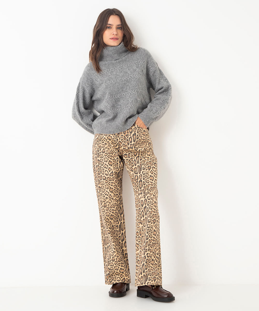 calça de sarja wide leg slim animal print  cintura super alta