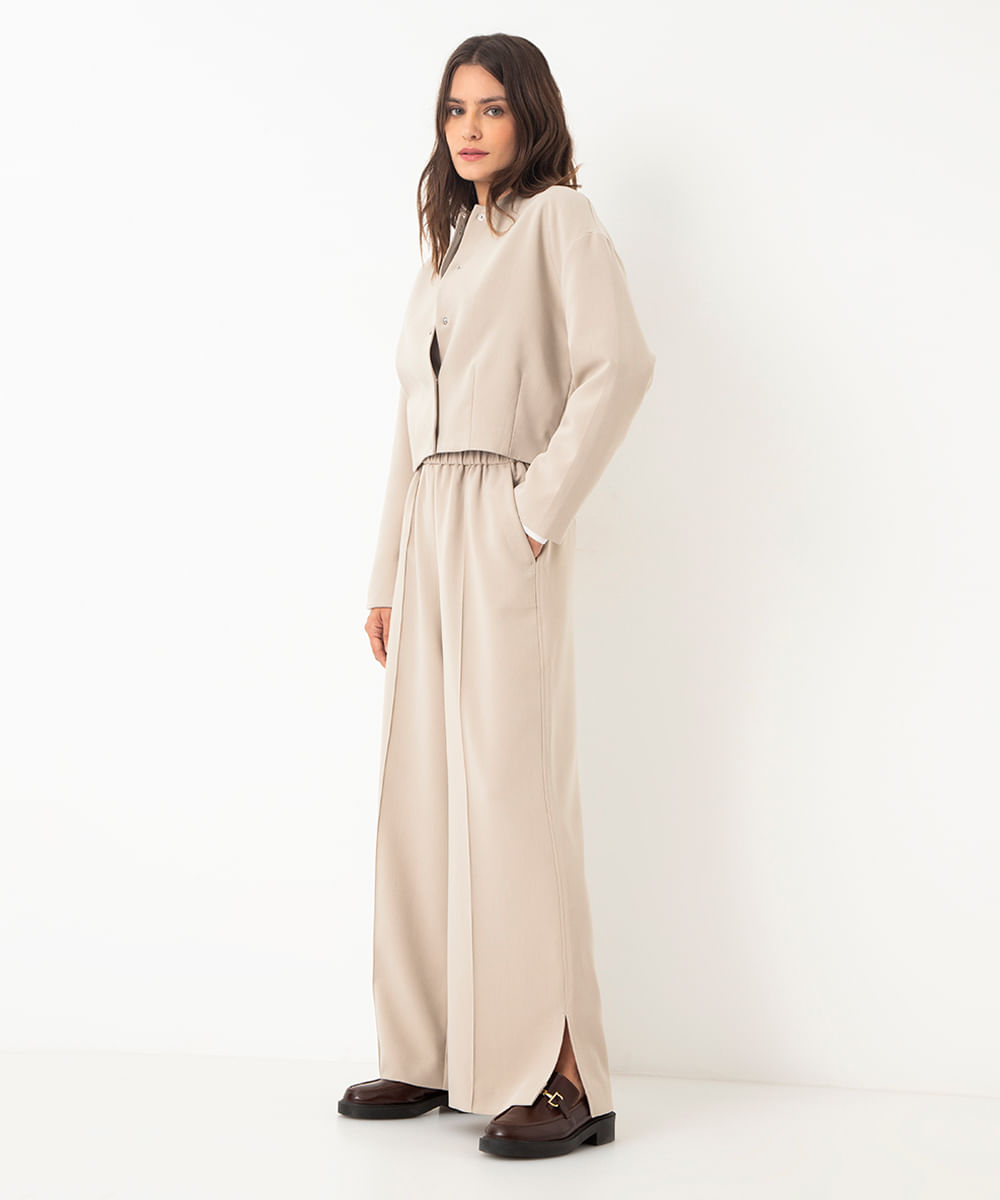 calça wide leg cintura alta bege