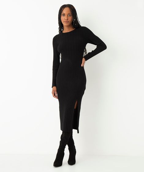 vestido de tricot midi manga longa preto