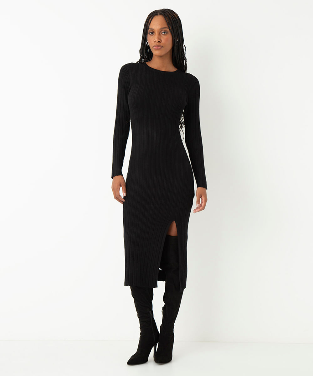 vestido de tricot midi manga longa preto