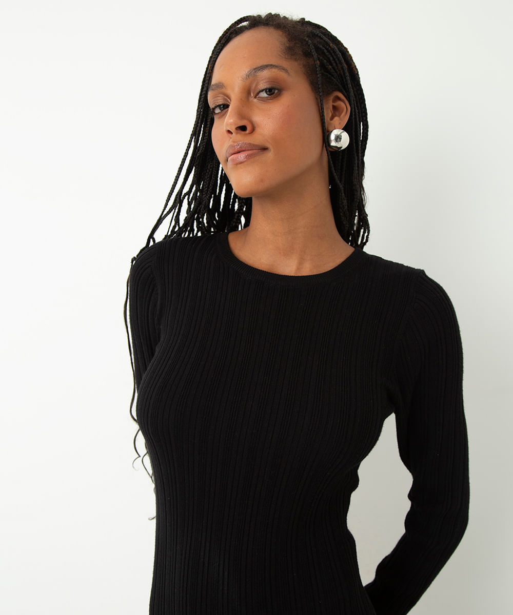 vestido de tricot midi manga longa preto