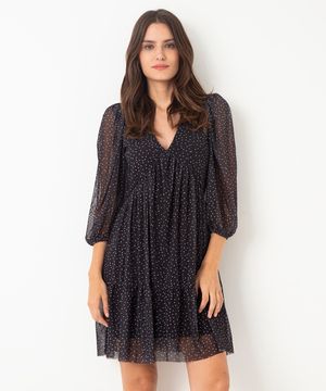 vestido curto de tule poá manga bufante preto