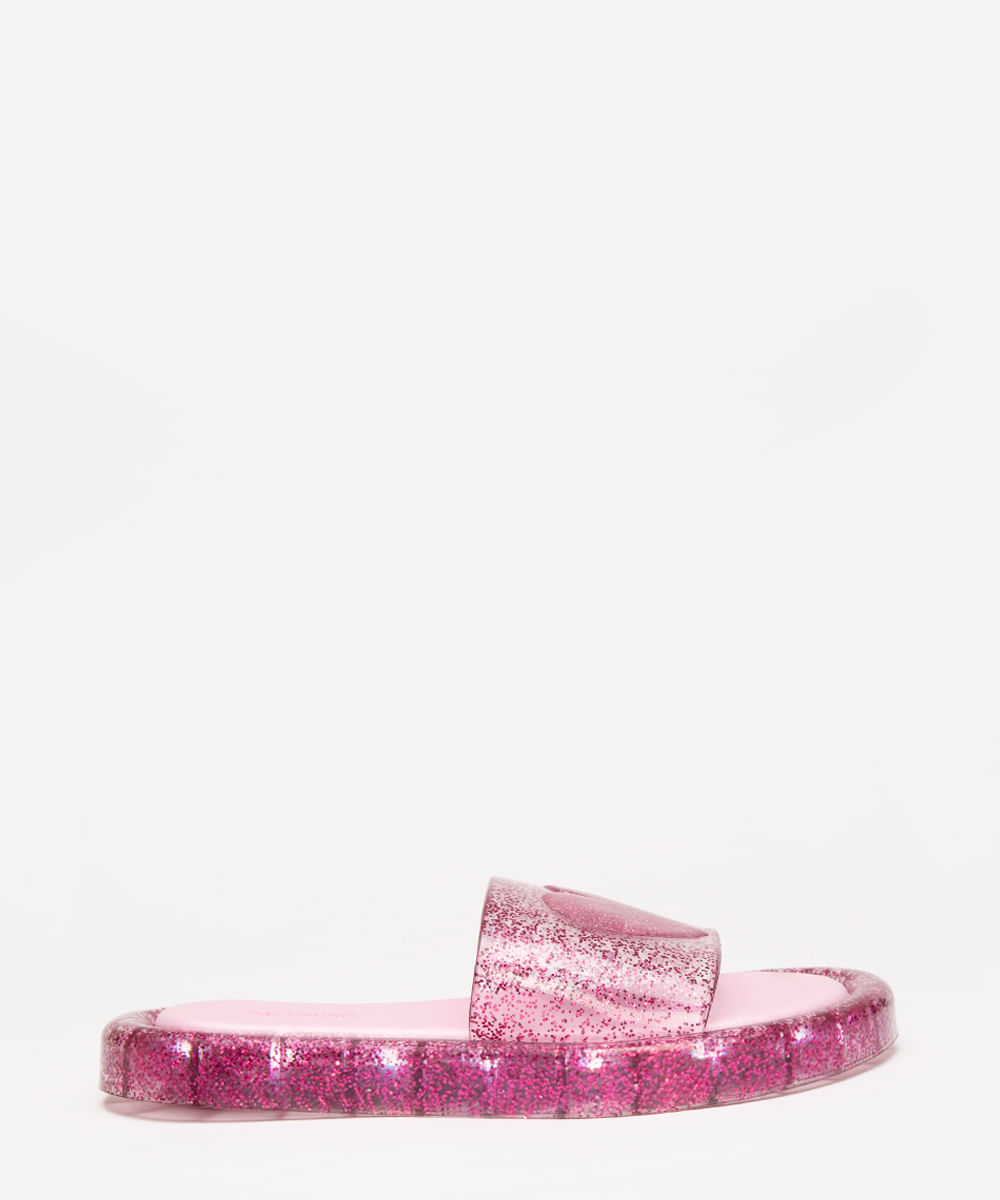chinelo slide infantil coração com brilho rosa
