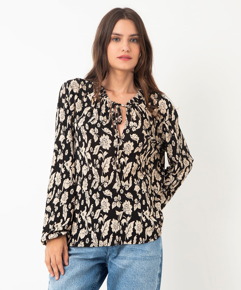 blusa manga longa floral preto